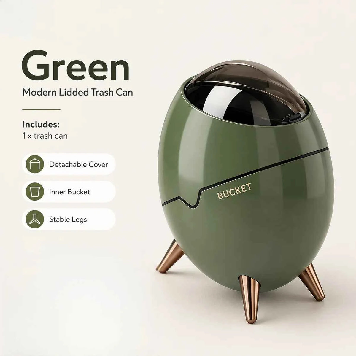 1 Pack Egg Shaped Swing Lid Trash Can with Removable Inner Bucket & Smoky Odor-proof Cover, Luxury Golden Metal Tripod Legs Compact Decorative Mini Waste Bin for Bedroom Bathroom Living Room Nightstand Side Table Household Ga