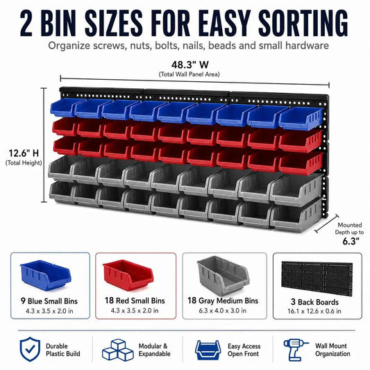45-Bin Wall Mounted Storage Bins. Shop Tool Organizer with 3 Wall Panels for Screws Nuts Bolts Nails Beads Hardware Parts