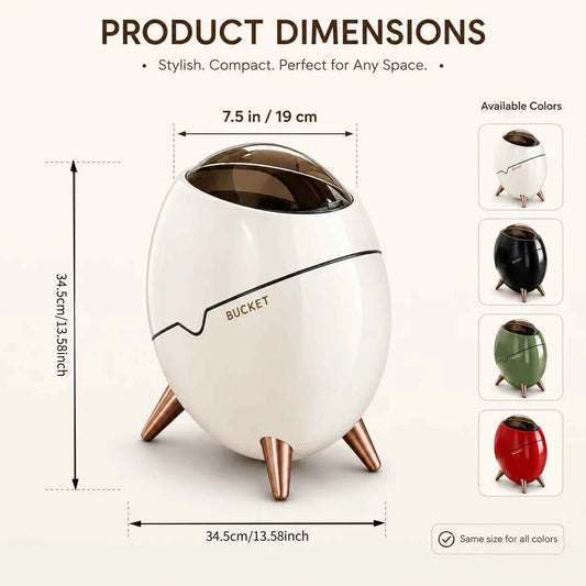 1 Pack Egg Shaped Swing Lid Trash Can with Removable Inner Bucket & Smoky Odor-proof Cover, Luxury Golden Metal Tripod Legs Compact Decorative Mini Waste Bin for Bedroom Bathroom Living Room Nightstand Side Table Household Ga