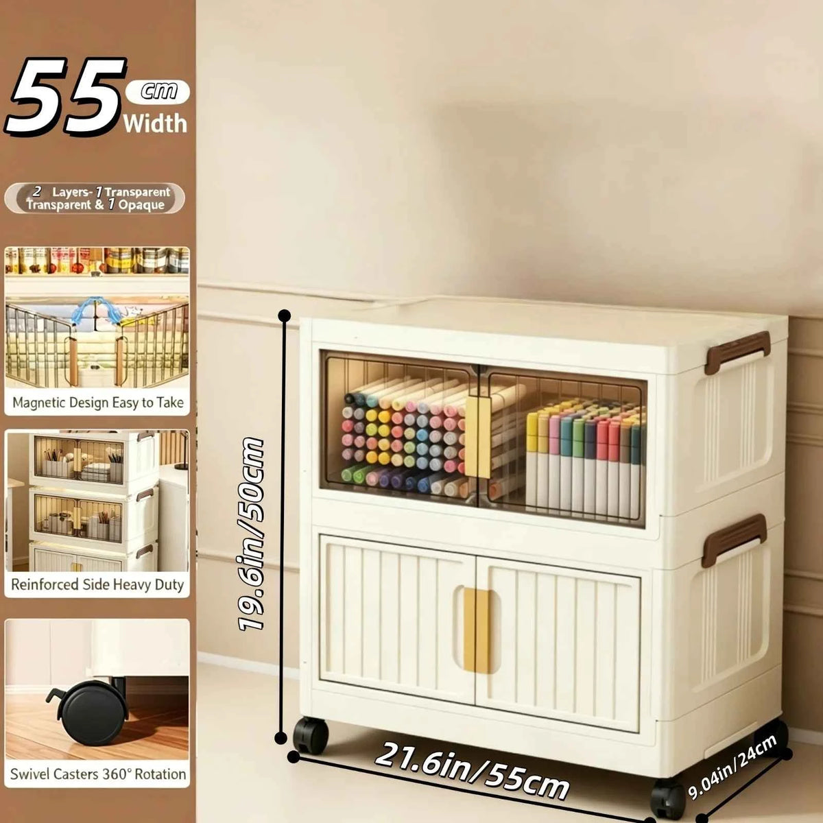 Cream White Foldable Storage Cabinet, No Assembly Needed, Stackable and Foldable Plastic Organizer Box with a Transparent Lid and Stylish Gold Handle, Lockable Silent Wheels, Large Capacity Dustproof Individual Storage Cabine