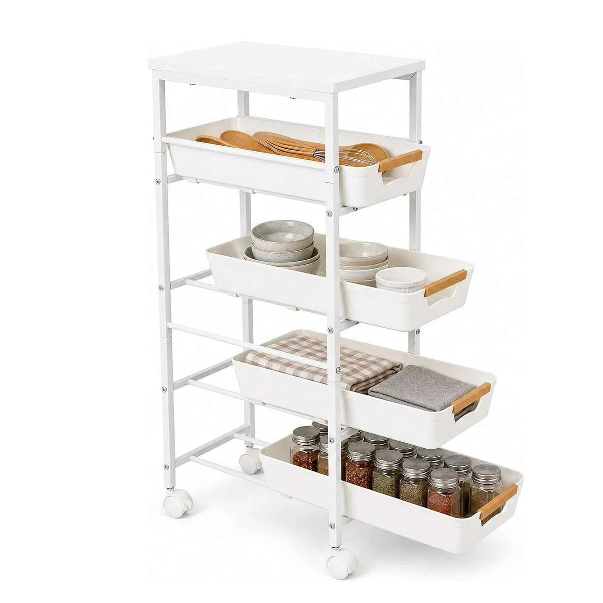 5-Tier Slim Rolling Storage Cart, Narrow Kitchen Cart with Wooden Top and Pull-Out Baskets, Mobile Shelving Unit Organizer for Kitchen, Bathroom, Laundry