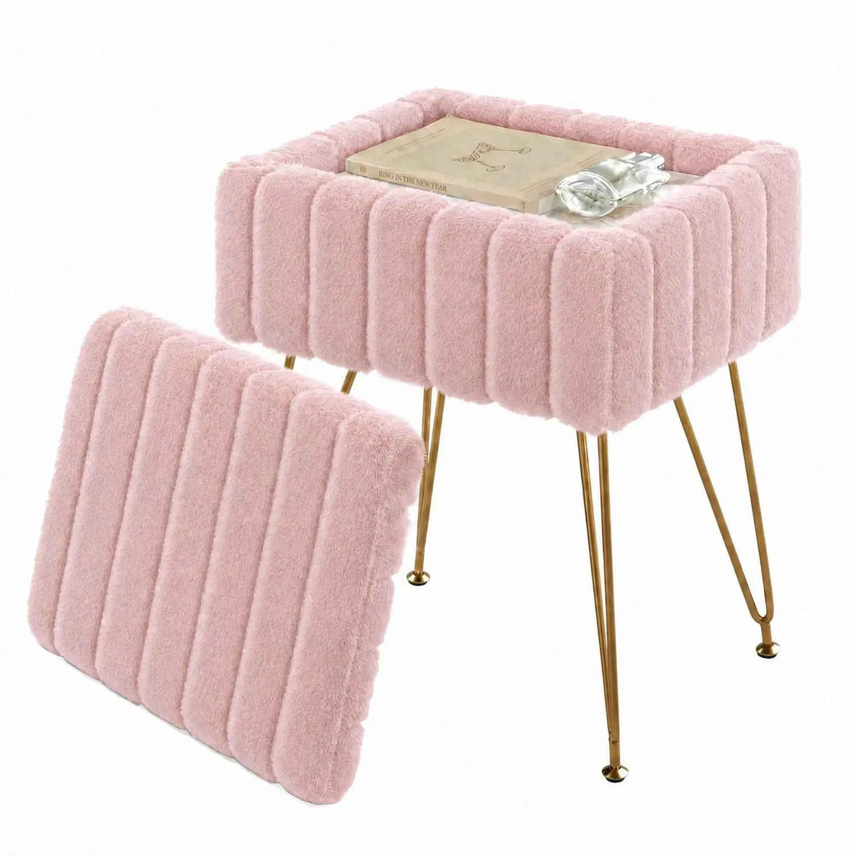 Vanity Stool With Storage, Faux Fur Ottoman With Gold Metal Legs, Soft Padded Makeup Seat Foot, Rest For Bedroom, Living Room