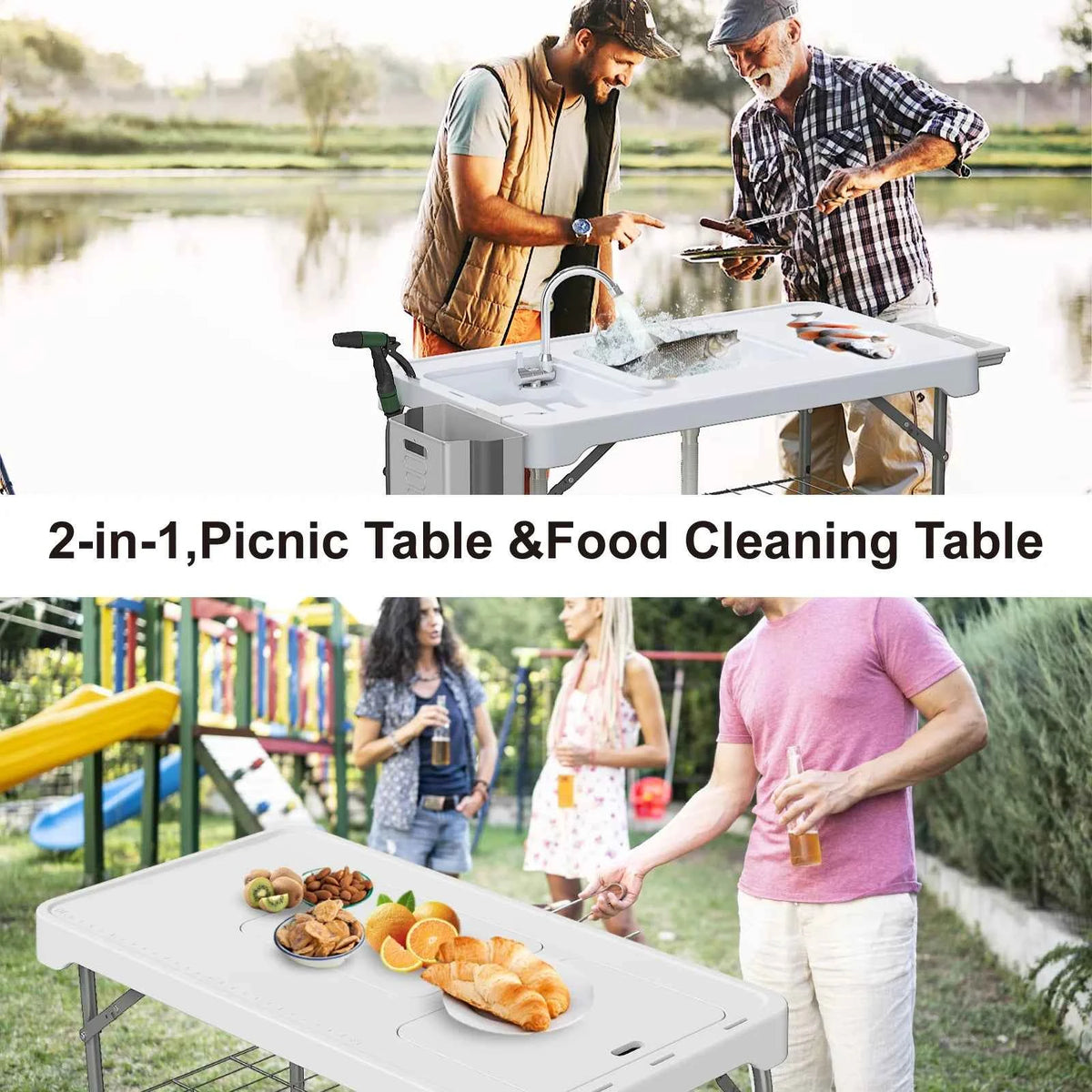 Folding Table with Sink, Portable Outdoor with Faucet, Sprayer, Grid Rack & Storage Box. For Fishing, Picnic, Beach & Patio
