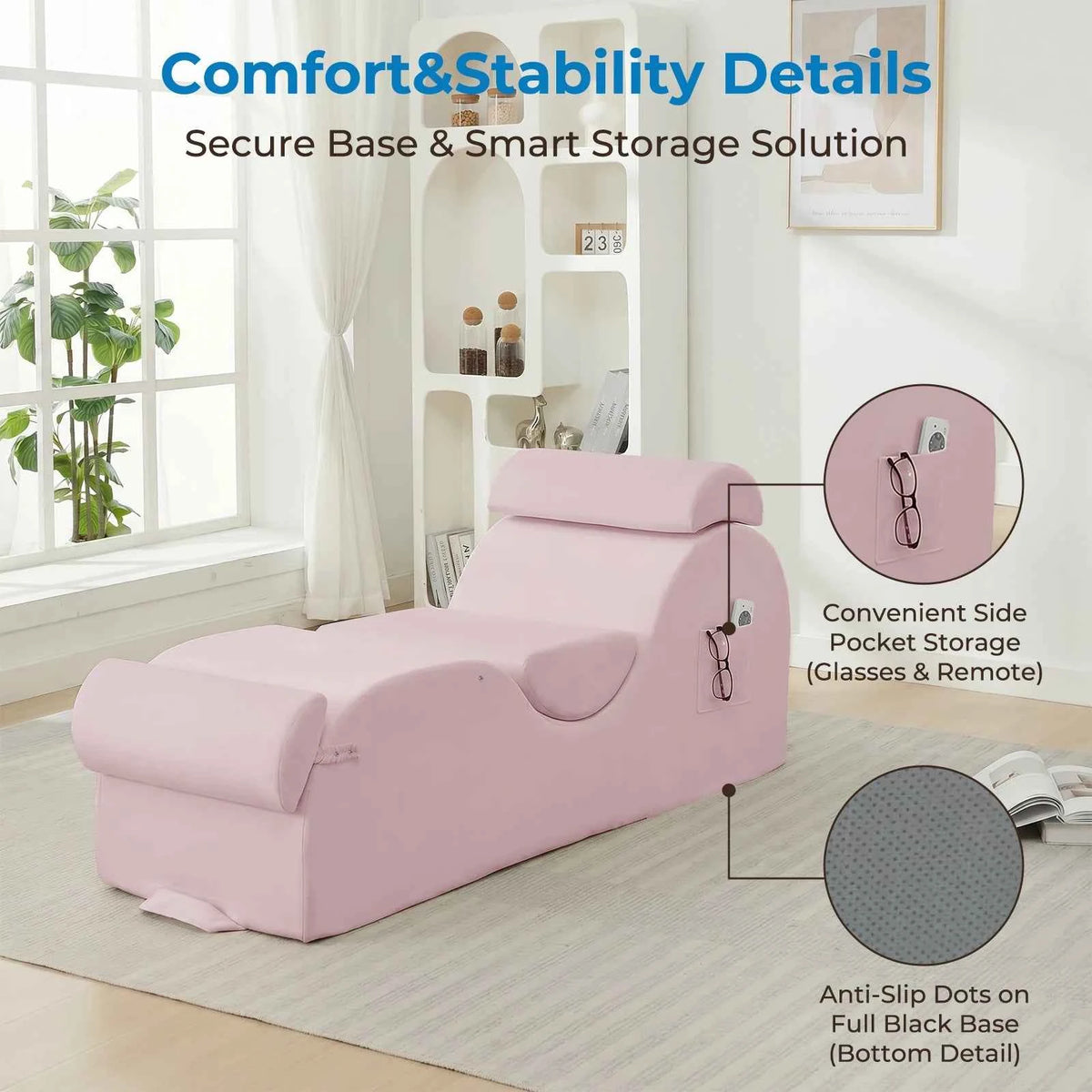 Velvet Curved Yoga Chaise Lounge Chair With Side Pockets. Movable Footrest, Headrest, And Waist Cushion. Adult Sofa Couch For Bedroom, Relaxation, Stretching