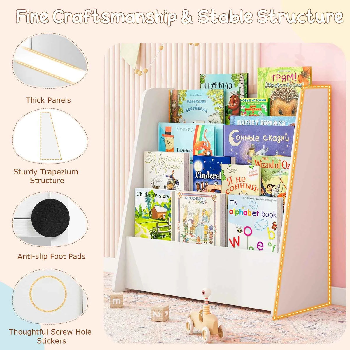4-tier Kids or Toddlers Wooden Bookshelf w/ Deep Shelves. Natural