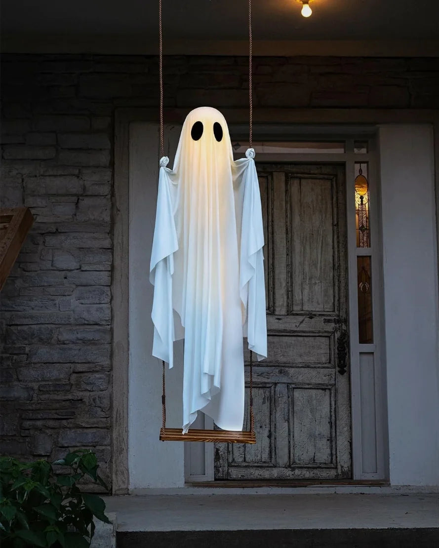 Large Outdoor Hanging Swing Ghost. Halloween Decoration Light-Up Spooky Decor for Yard Party.
