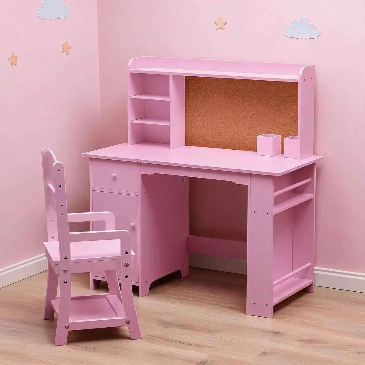 Kids Desk and Chair Set for Boys and Girls. Wooden Kids Writing Desk with Bookshelf, Bulletin Board, Cabinet and Drawer for Ages 3-8, White