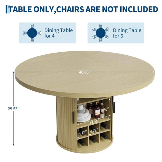 47 Inch Round Dining Table For 4-6 With Hidden Storage, 6 Bottle Wine Rack & Glass Holder, Kitchen Table For Home Dining