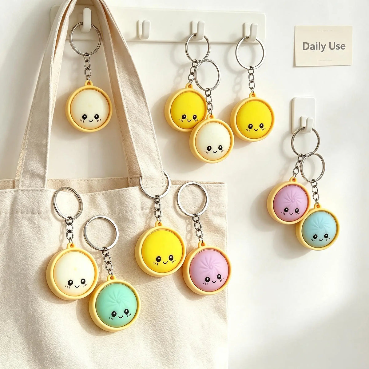 48Pcs Cute Steamed Bun Baozi Keychain. Random Color, Cartoon Face Key Ring, Pendant.