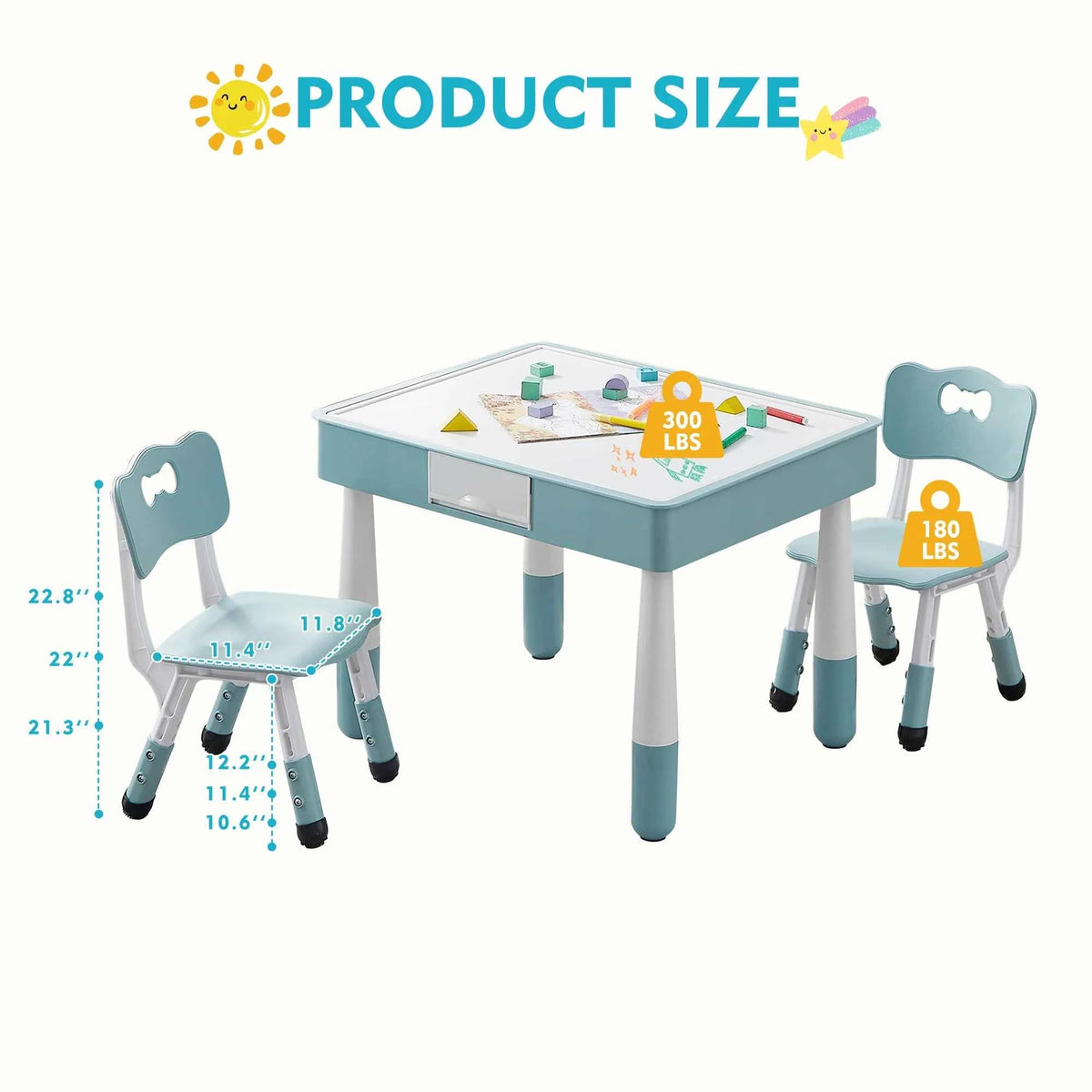Kids 4 in 1 Table And 2 Chairs Set with Storage Toddler Desk And Chair Combo for Ages 3-10 Graffiti & Building Blocks Double-Sided. Grayish Blue