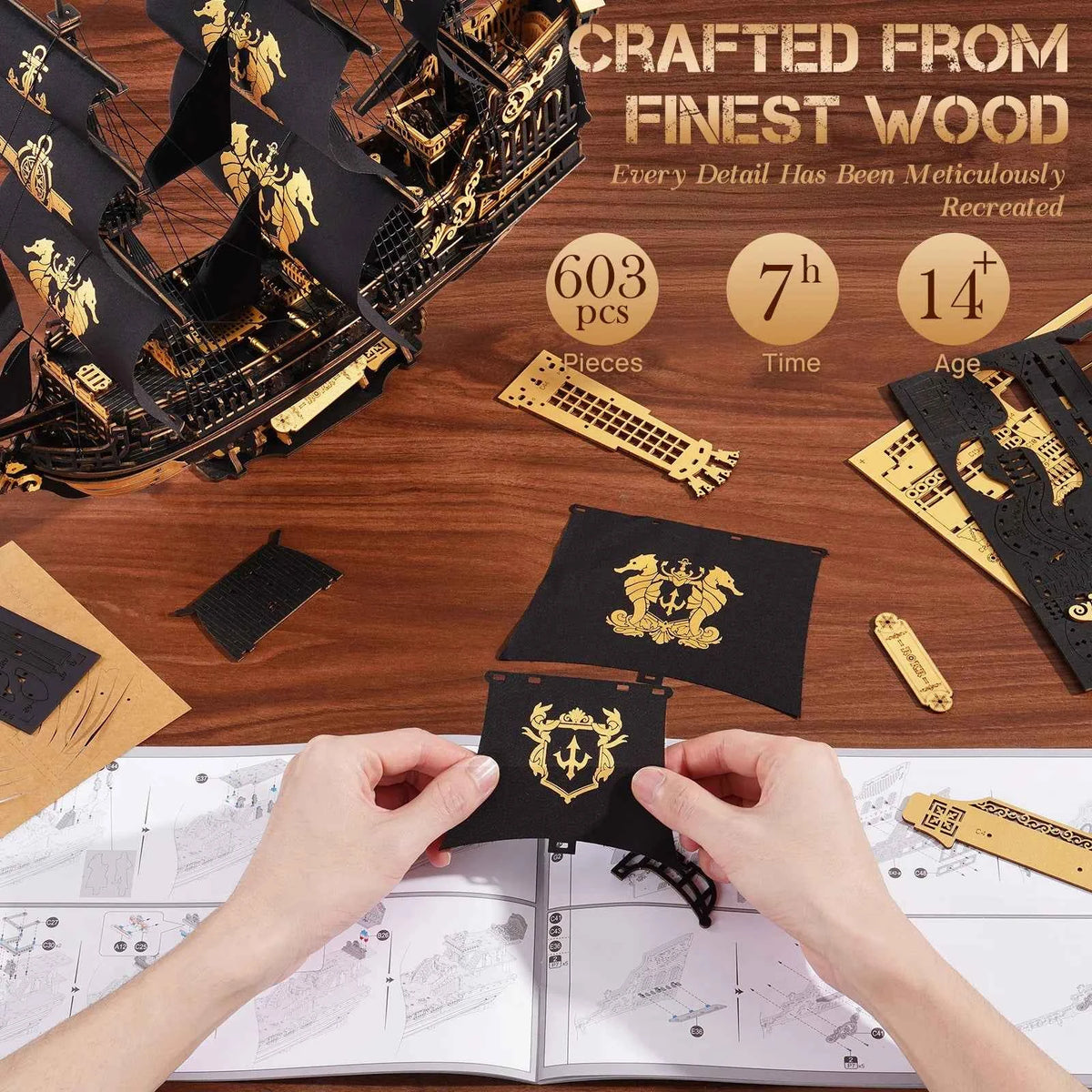 ROKR Seahorse Barque Wooden 3D Puzzle. 1:100 Scale DIY Sailboat Model Building Kit. 603 Pieces Brain Teasers Jigsaw Toy for Adults, Boys