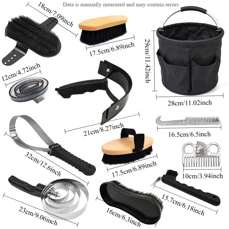 12 PCS Horse Grooming Kit, Large Capacity Foldable Storage Bucket, Horse Brush, Comb, Sweat Scraper, Hoof Pick Set for Care Cleaning