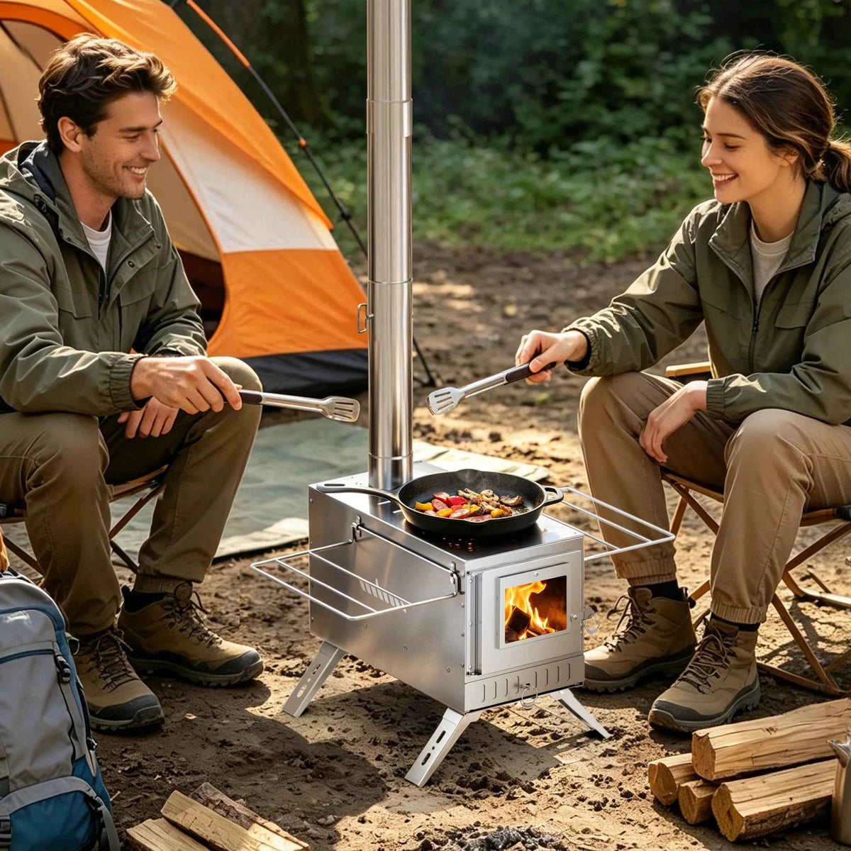 UNHO tent stove, portable wooden stove, large stainless steel tent fireplace, equipped with 6 chimney pipes, suitable for outdoor heating, cooking, hunting, barbecue and ice fishing.
