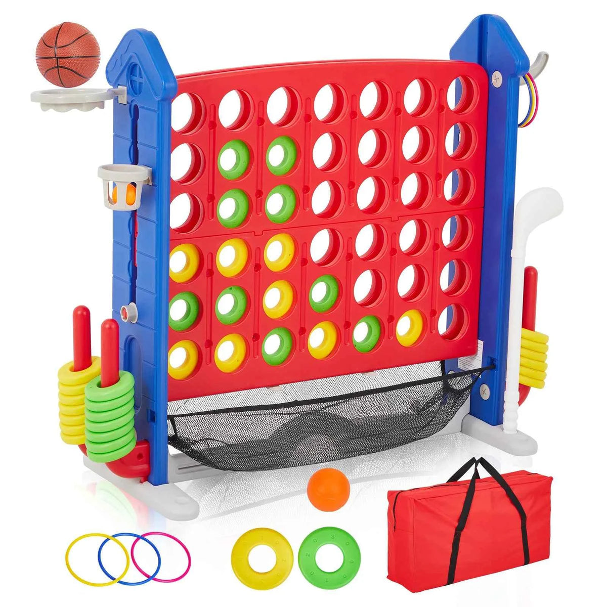 4-in-1 Giant Connect Game Set, Adjustable Height, Basketball Hoop, Ring Toss and Net Jumbo Outdoor Yard Game for Families Events