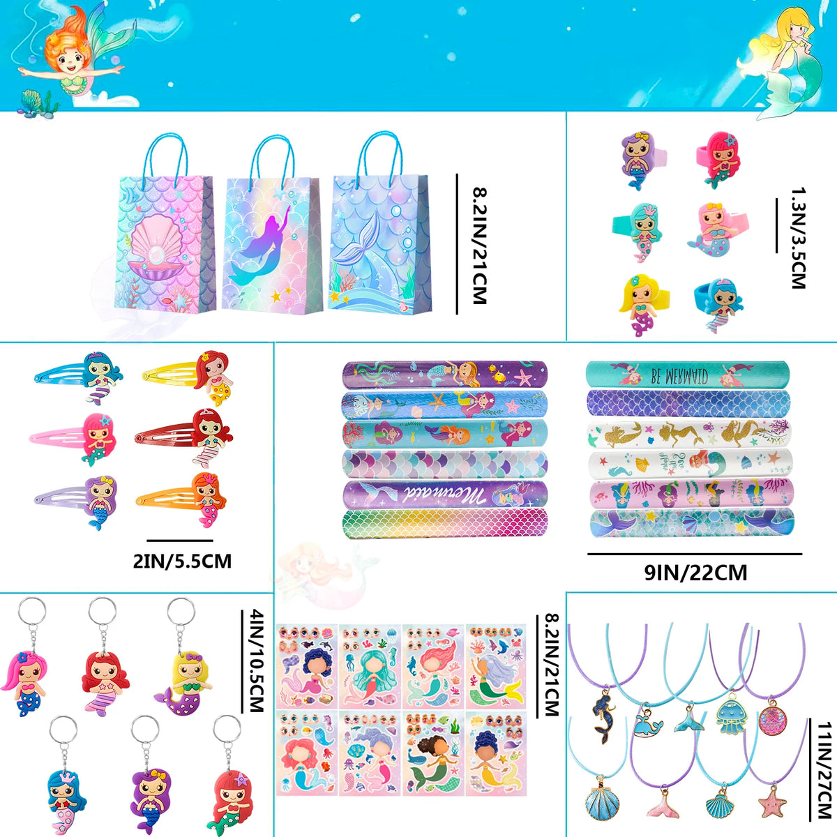 84 Pcs Mermaid Party Favors for Boys and Girls - Mermaid Birthday Rings, Keychain, Slap Bracelets, Bags, Hair Clips, Necklace Etc. Mermaid Birthday Party Favors for Mermaid Birthday Decorations Supplies
