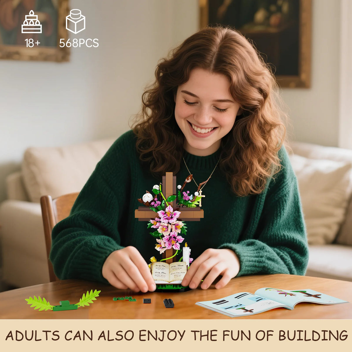 Jesus Cross with Flowers Building Blocks Set with Easter Bible. Themed Decorative Items. Religious Gifts for Adults (568 PCS)