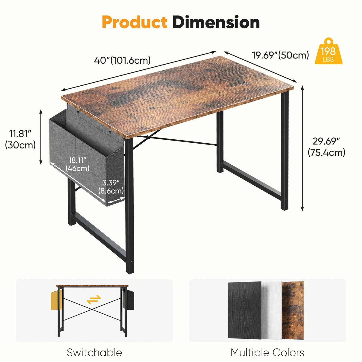 JHK 31IN to 55 Office Desk with Storage Bag. Metal Frame, Wood Tabletop, Easy Assembly