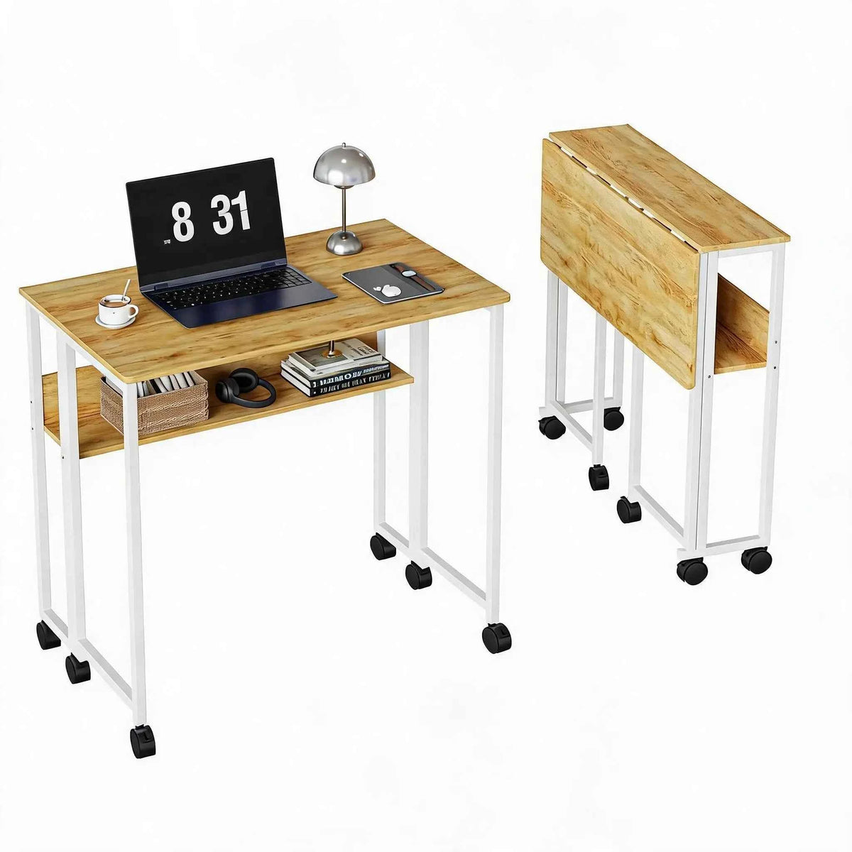 Folding Desk with Storage Shelf on Wheels. Space Saving Computer Desk, Easy Assembly, for Home, Office, & Small Space