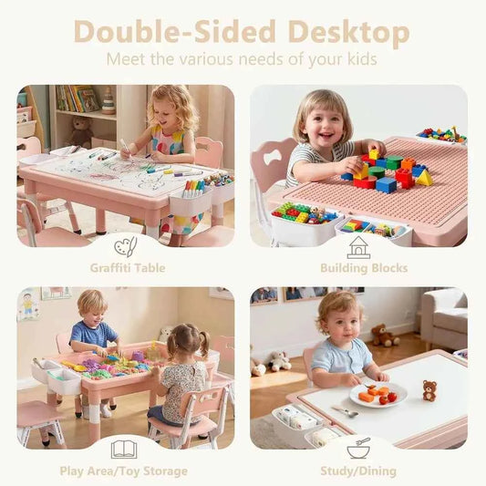 Kids Table & 4 Chairs Set, Height Adjustable Children Activity Table w/Storage, Graiti & Building Blocks Tabletop, Toddler urnit
