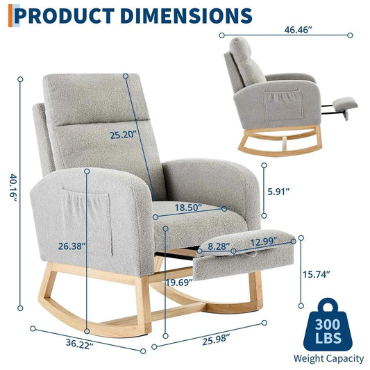 Modern Nursery Rocking Chair, Teddy Upholstered Rocking Chair with Footrest, & with Side Pocket, Rocker Glider for Living Room, Bedroom, Nursing Room