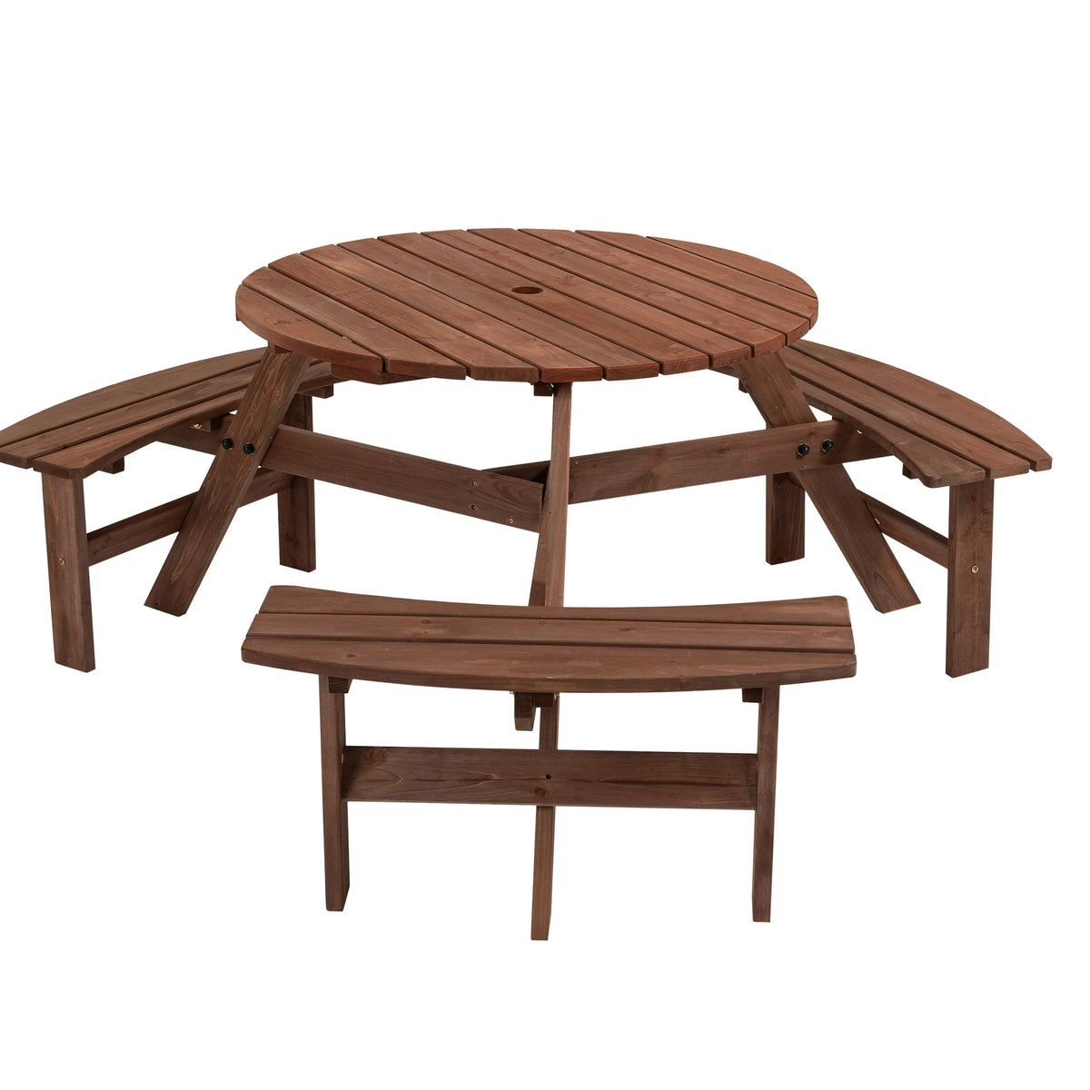 Solid Wood Round Outdoor Picnic Table with 3 Curved Benches, Weatherproof Wooden, Outdoor Patio Dining Furniture with Umbrella Hole. Weather Resistant Patio Dining Furniture Set for Garden, Backyard, or Deck