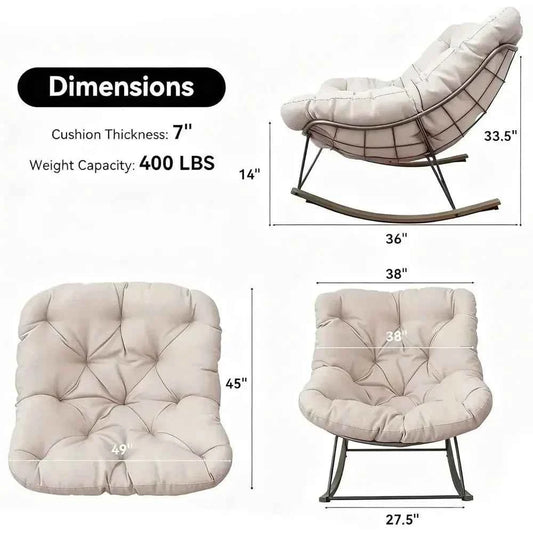 Oversized Outdoor Rocking Chair with Cushion, Egg-shaped Papasan for Patio, Garden, Beige
