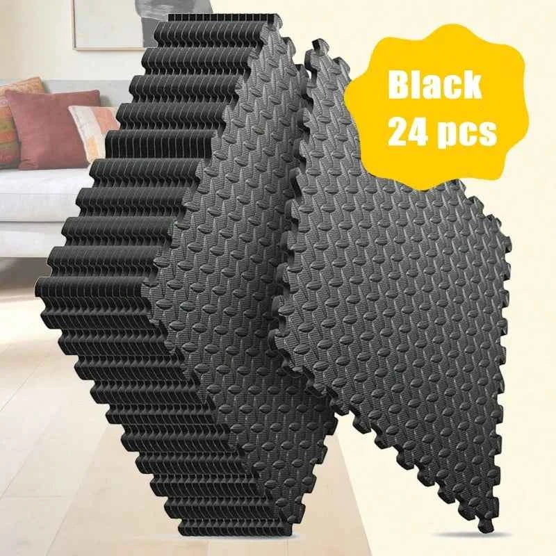 24 Pcs Non-Slip EVA Floor Mats, Waterproof Foam Mat For Living Room Bedroom, Interlocking Carpet Tiles With Border, Anti-Fatigue Standing Mat For Kitchen, Black