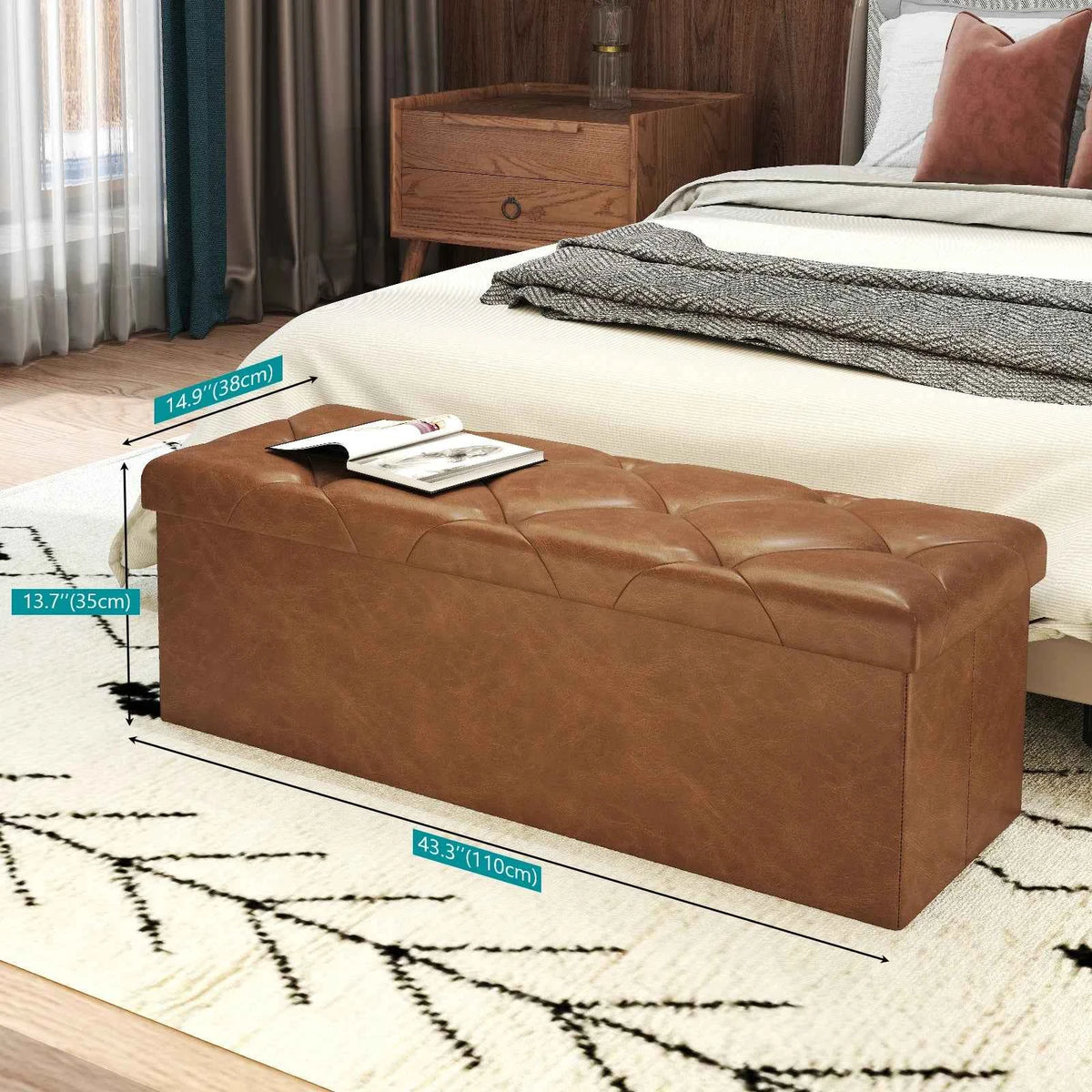 Tufted Faux Leather Storage Bench Folding Footrest Ottoman with 400lbs Weight Capacity,