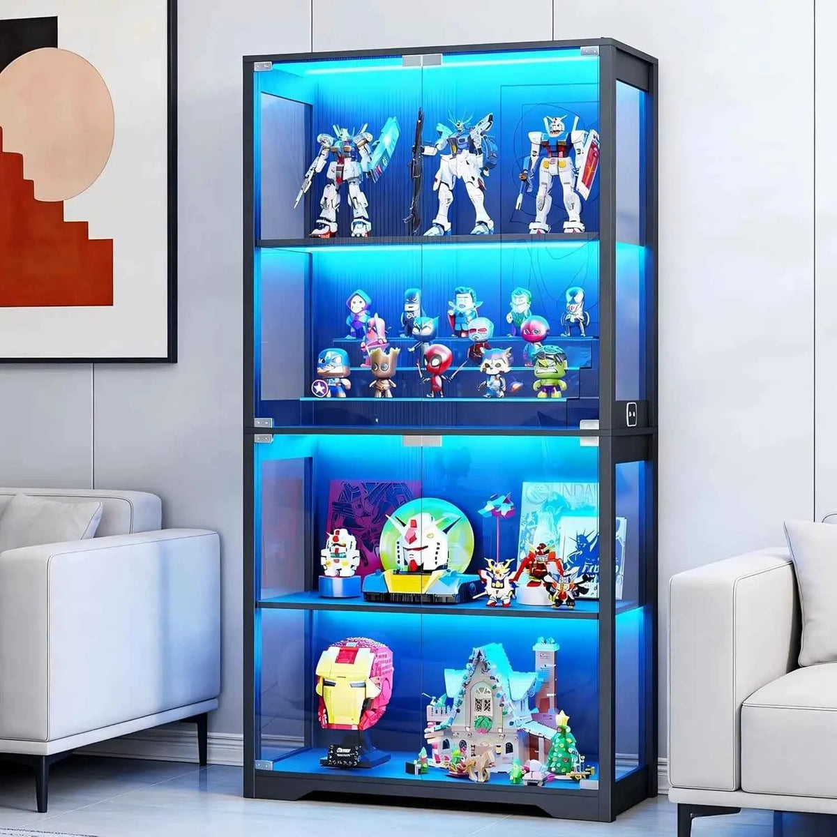 Display Cabinet with Glass Doors, Curio Cabinet with 3 LED Lights and Human Body Sensor, Bookcase with 4 Shelves, Customized