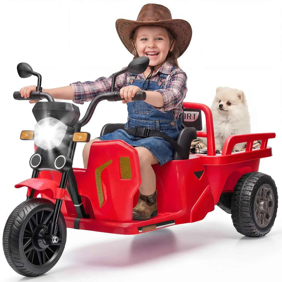 12V Kids Electric Tricycle With Trailer, 110W Ride On Motorcycle Tractor, Sand Shovel, Bluetooth Music, LED Headlight, 3 Speeds