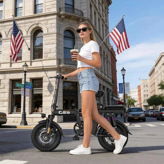 UPlee GE5 Electric Bike with 48V, 15AH Battery, 30+MPH, 250W, Folding Electric Bike, 30 Miles Max Range Electric Bike for Adults. 14" Fat Tire