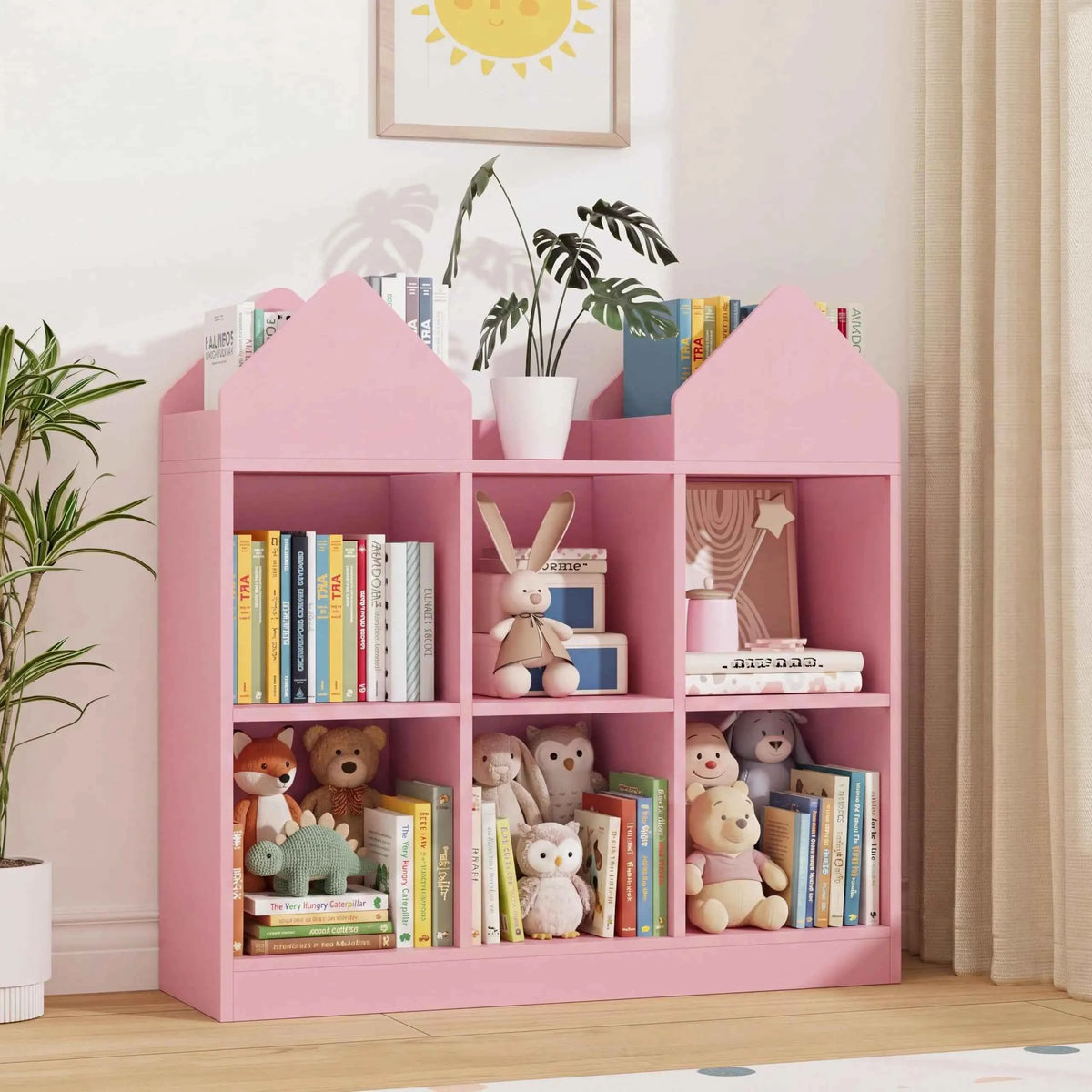 Kids Bookshelf And Toy Storage Organizer With 4 Book Racks, 6 Open Cubbies, Castle Design.