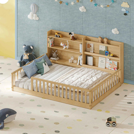 Full Size Floor Bed with Bookshelf & Safety Rails, Solid Pine Wood Bed Frame, Low-to-Ground for Kids or Toddler Bed with Wide Entrance, Natural