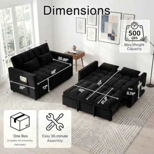 3 in 1 Convertible Sleeper Sofa Bed, 54'' Full Size Velvet Pull Out Futon Couch. With Reclining Backrest & 2 Pillows