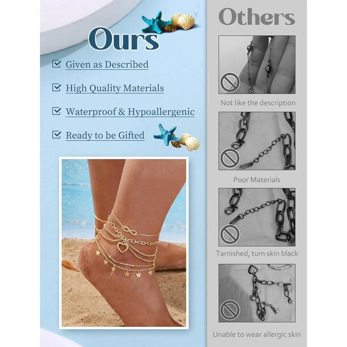 Toe Rings and Ankle Bracelets for Women. Gold Plated Cute Layered Anklets. Open Tail Ring. Adjustable Foot Jewelry