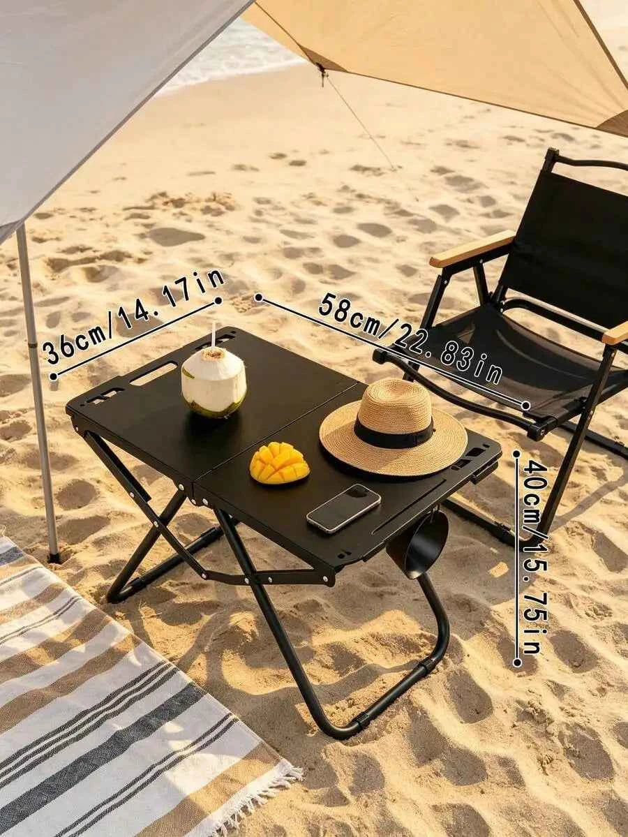 1-piece foldable portable table with cup holder, lightweight aluminum outdoor side table suitable for beach, picnic, fishing, hiking, and travel