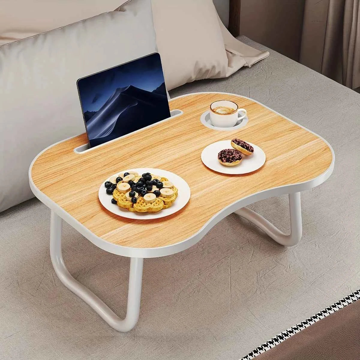 Portable & Foldable Laptop Table with Storage Drawer, Tablet Slot, & Cup Holder.