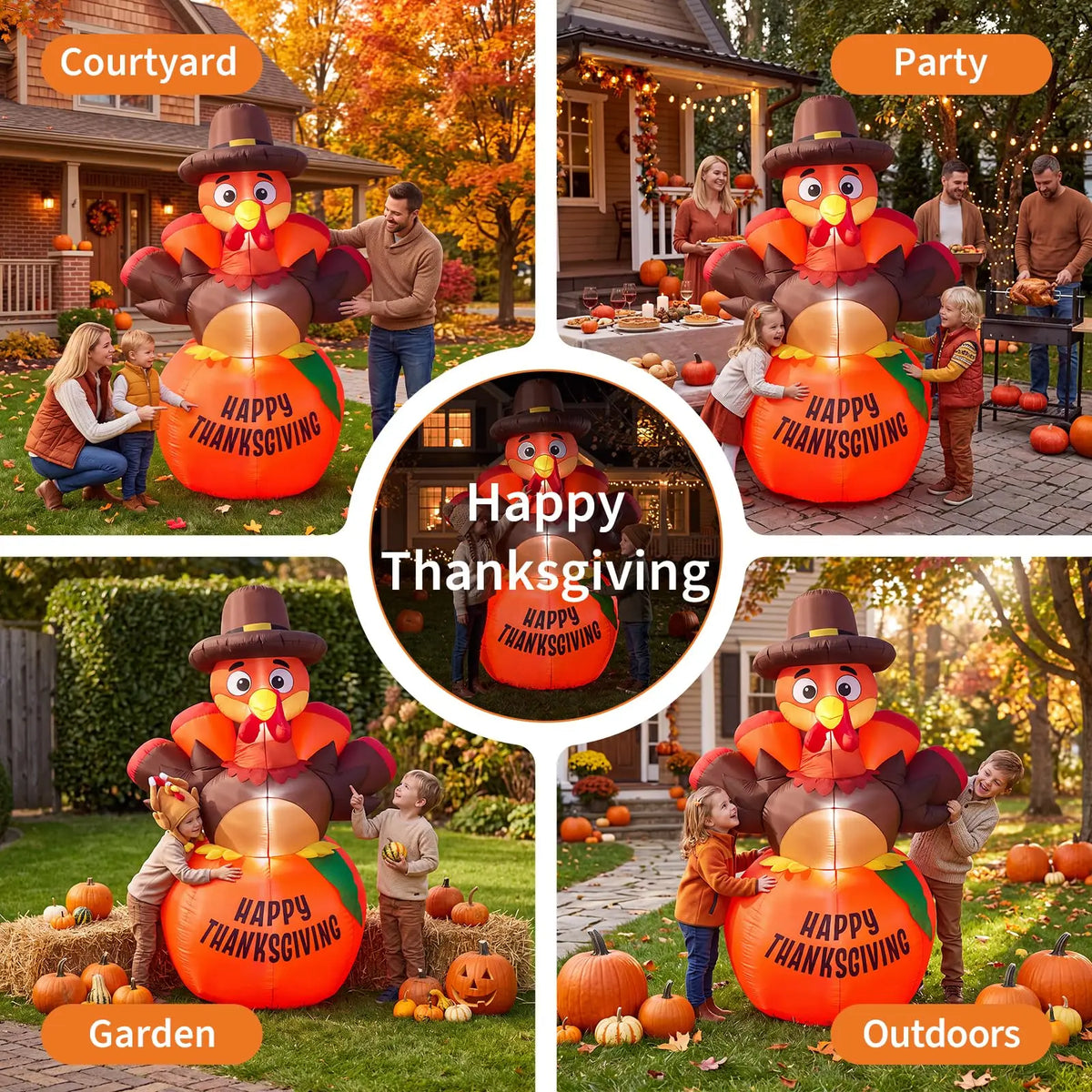 6ft Inflatable Thanksgiving Pumpkin and Turkey, With 7 Led Lights, Blower, Stakes & Ropes For Lawn, Porch, Garden.