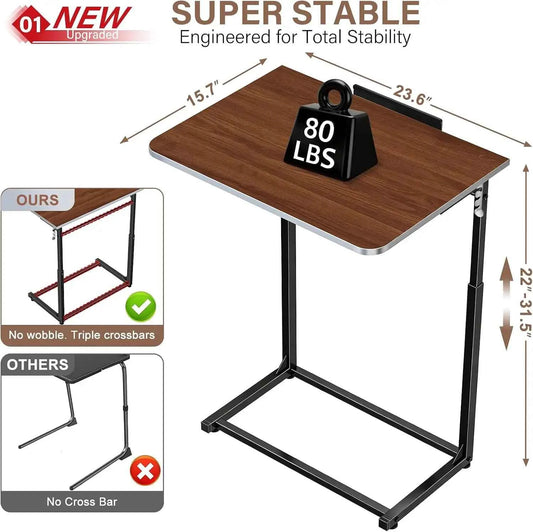 Extra Large Heavy Duty TV Tray Table, 23.6" Folding C-Shaped. Laptop Desk. Height & Tilt Adjustable. End Table with Phone/Tablet Slot, Easy Clean. Walnut Finish