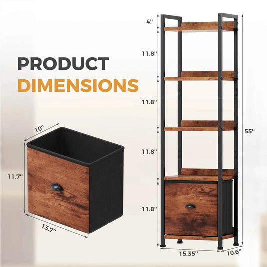 MCQ 5 Tiers Metal Classic Bookshelf with Drawer. Freestanding Tall Display Shelving. Sturdy Structure. Graduated Shelves