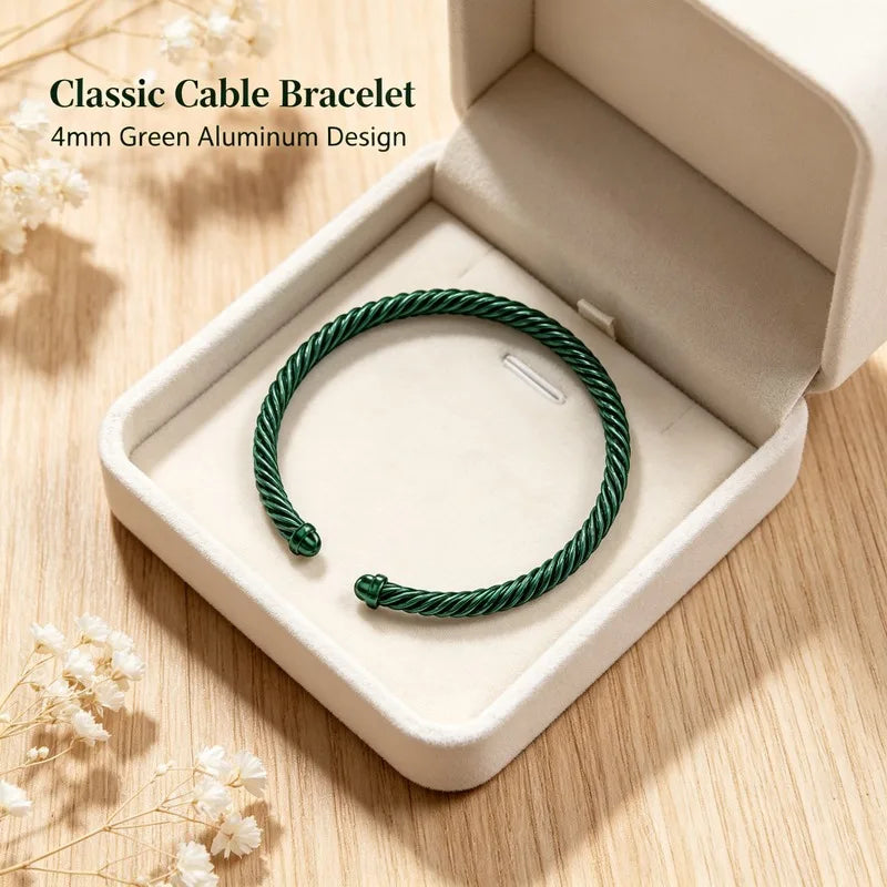 Women Green Aluminum Classic Cable Bracelet 4mm, Twisted Open Cuff Bangle with Ball Ends, Minimalist Daily Jewelry Gift