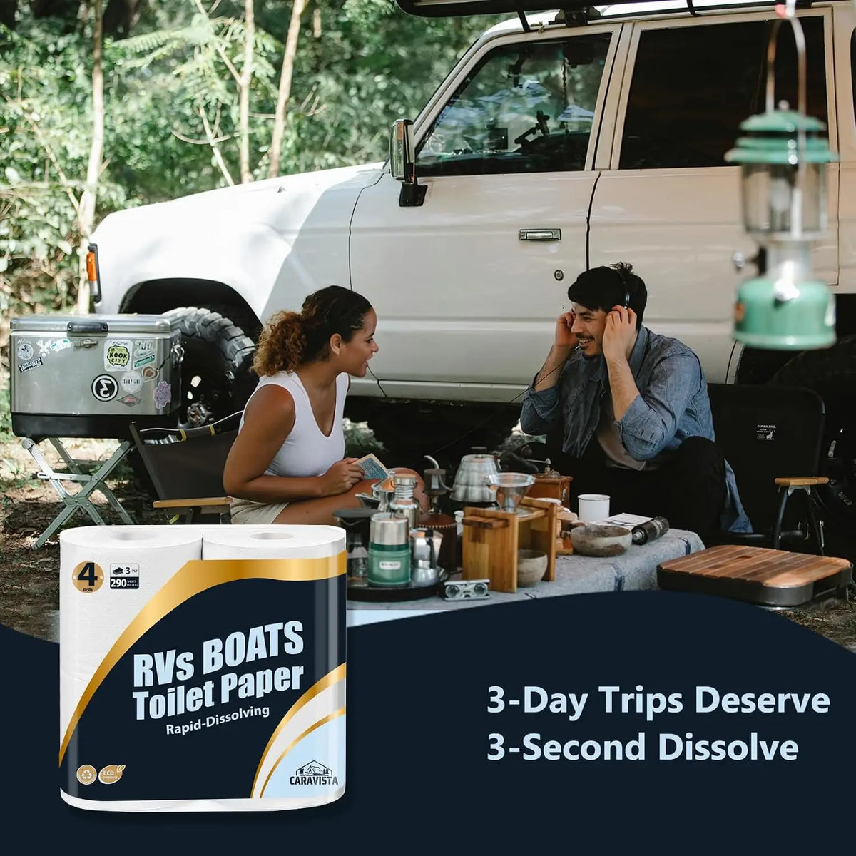 RV Camping Toilet Paper - 4 Rolls Rapid-Dissolve Marine & Trailer Septic Safe Tissue - Biodegradable 3-Ply 290 Sheets Bath Tissue for Marine, Travel, and Camper Systems