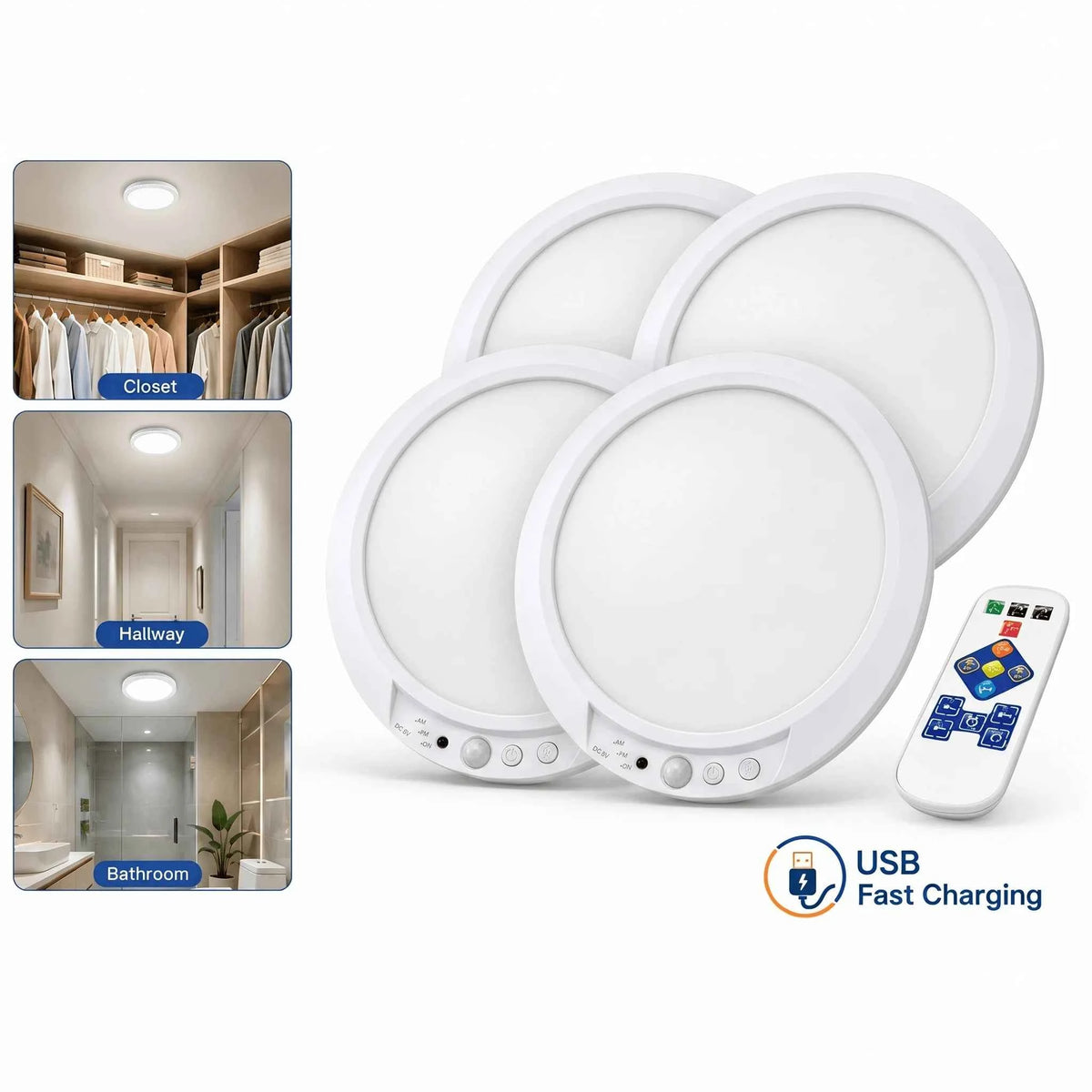 4/2Pack Rechargeable Sensor Ceiling Light with Remote Control, USB Charging, Magnetic Wireless Ceiling Light, Battery Powered.