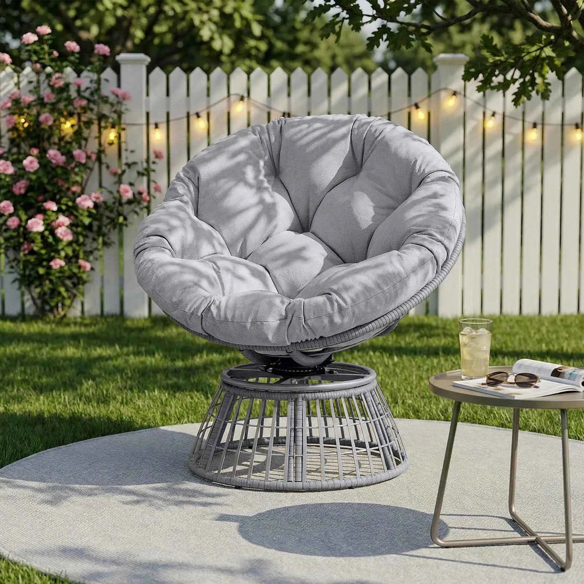 Swivel Papasan Outdoor Wicker Patio Lounge Chair with Thick Cushion, All-Weather Rattan Accent Chair for Backyard, Porch, Garden