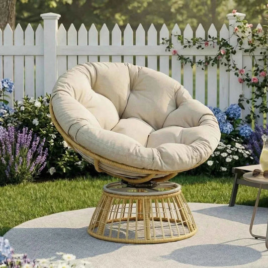 Swivel Papasan Outdoor Wicker Patio Lounge Chair with Thick Cushion, All-Weather Rattan Accent Chair for Backyard, Porch, Garden