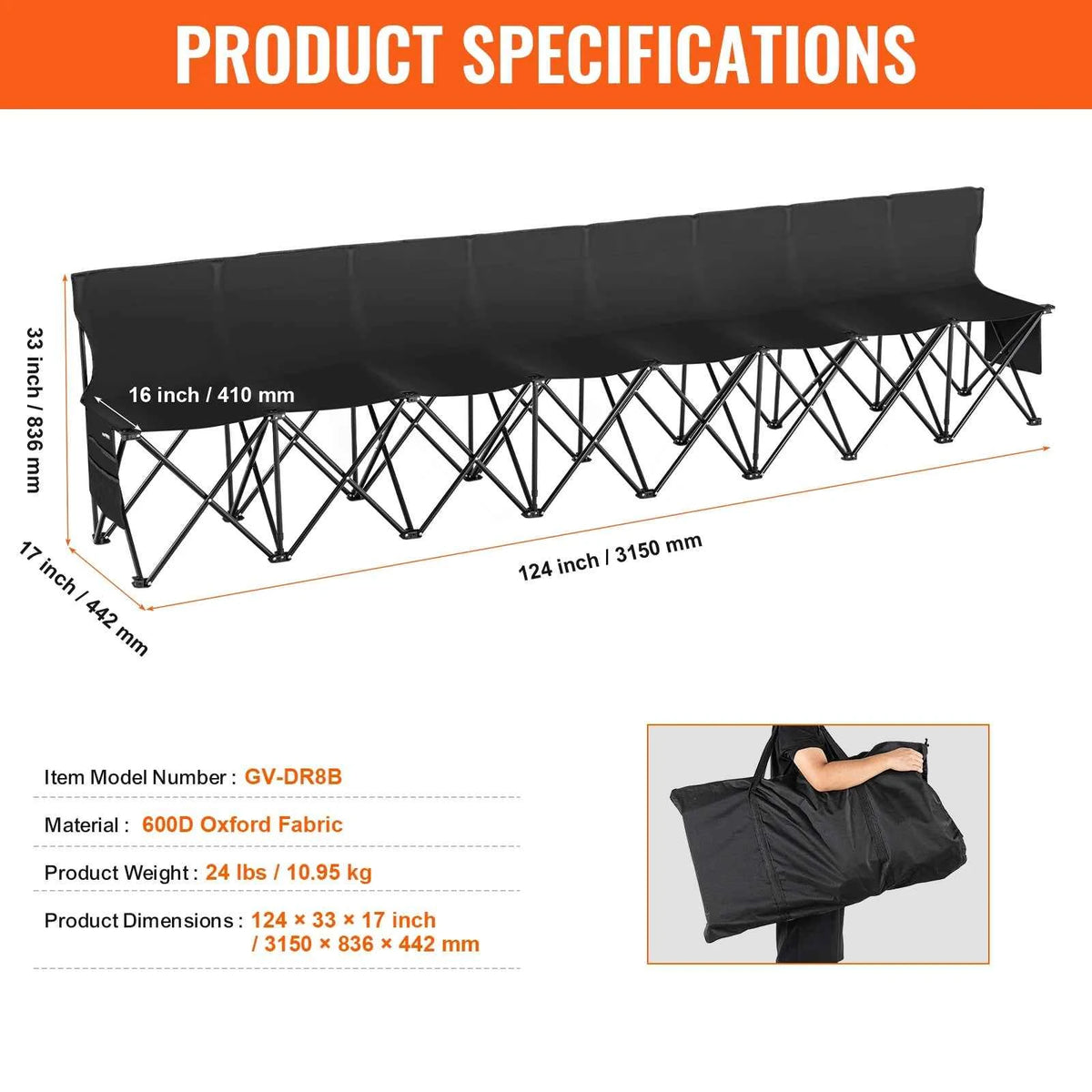 SucceBuy 6/8 Seat Foldable Sideline Bench. Outdoor, Camping Bench Chair with Bag & Backres. Team Sport Sideline Bench