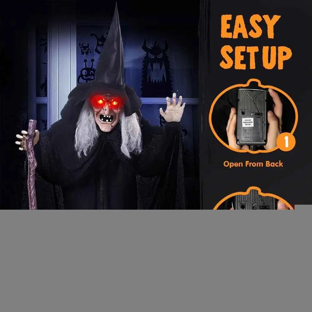 72" Animatronics Witch Outdoor Halloween Decorations with Cane. Life Size Animated Ghost. Haunted House Prop Décor with Creepy Sound and Light-up Eyes, Party Supplies