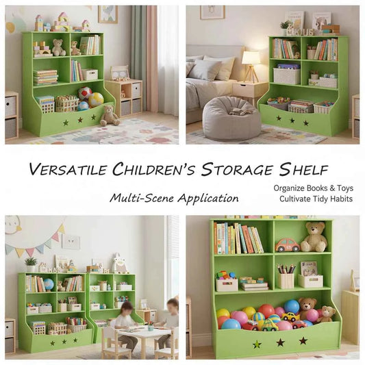 3-Layer Light Green PVC Board Kids Bookcase, Children's Open Shelf Storage for Bedroom or Playroom, Star Pattern 3-Tier Book Display with Bottom Space, Anti-Tip Freestanding Book Shelf for Home, 79x36.5x82.5cm