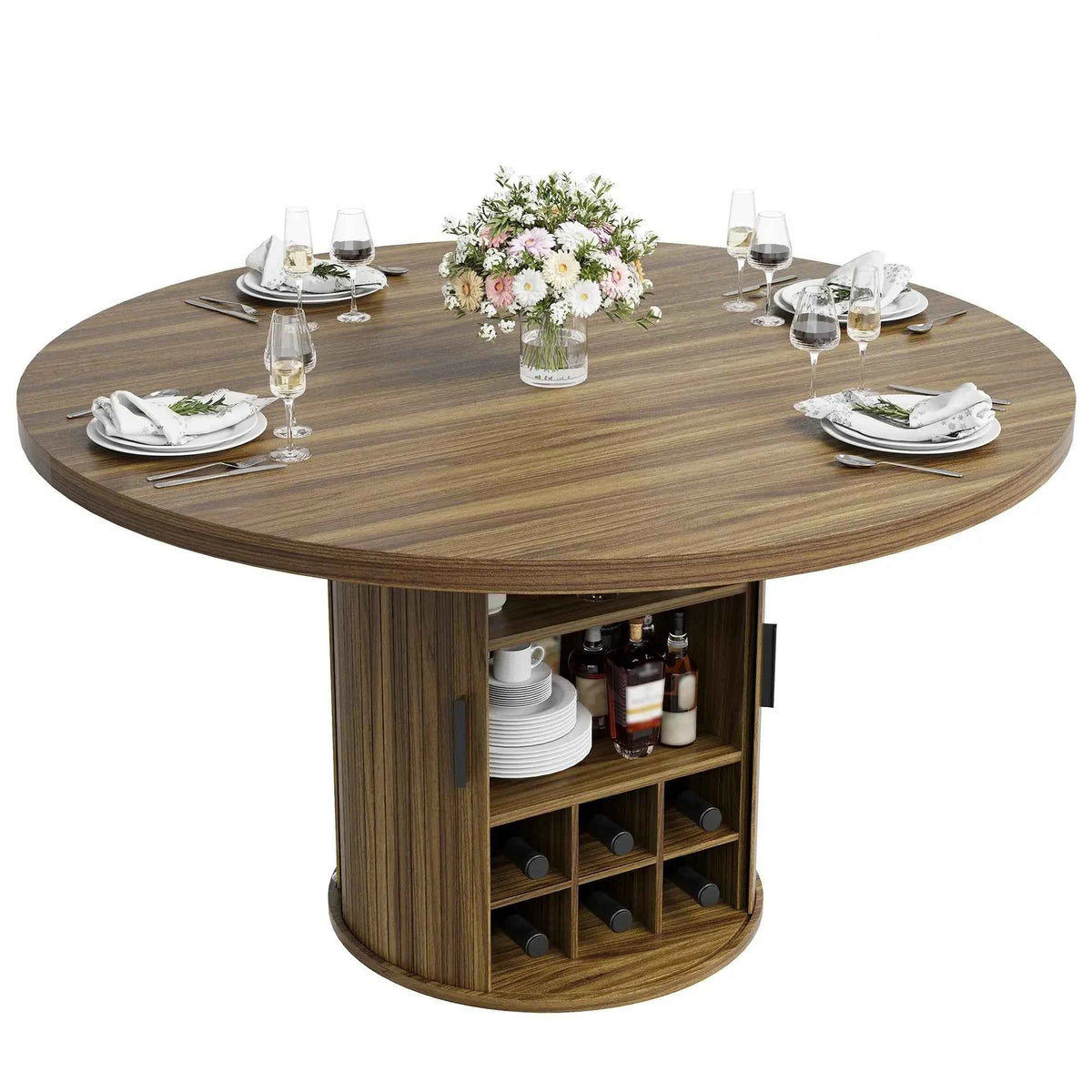 47 Inch Round Dining Table For 4-6 With Hidden Storage, 6 Bottle Wine Rack & Glass Holder, Kitchen Table For Home Dining