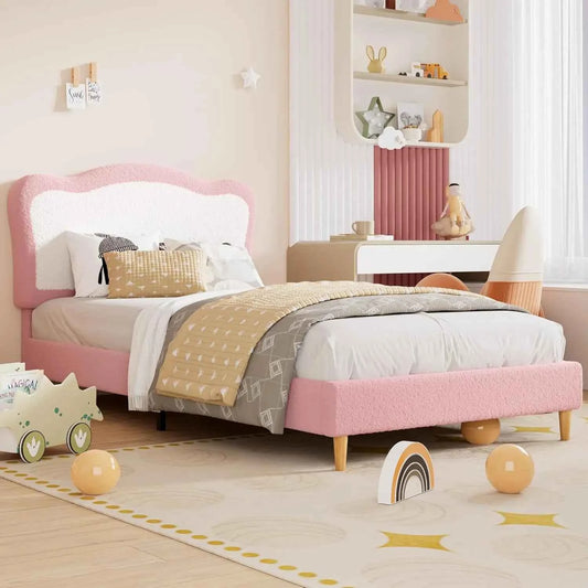 Kids Upholstered Twin Bed Frame with Scallop Headboard, Cute Velvet Twin Bed with Sturdy Platform. No Box Spring Needed, Wooden Slats, Noise Free, Pink & White